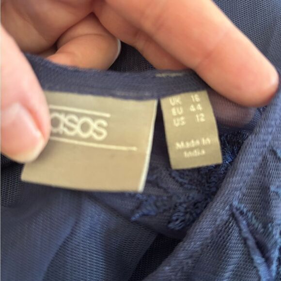 ASOS Navy lace sheer floral long sleeve long dress  cutout back size 12 - Picture 2 of 13